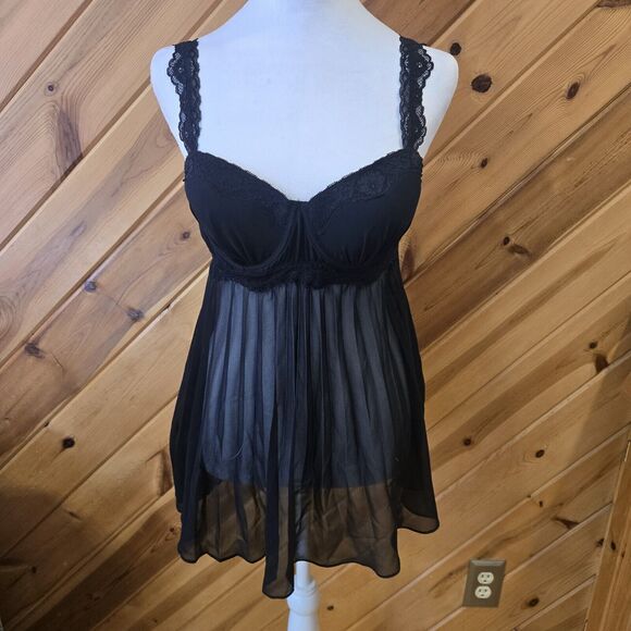 Dentelle Babydoll Lingerie Lace Black Pleated Sheer‎ Medium Sexy - Picture 1 of 4